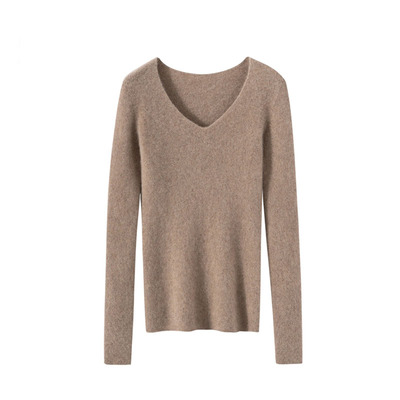 无缝一体可机洗V领羊毛衫女打底
