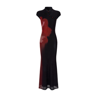 HiimDai 海市蜃楼 新中式国风黑红撞色印花收腰包臀旗袍连衣长裙