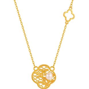 明牌珠宝黄金项链 足金解语花兰花珍珠套链坠链锁骨链AFB0149计价