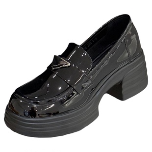 6cm增高乐福鞋女2025新款日系jk洋气黑色小皮鞋女一脚蹬漆皮单鞋