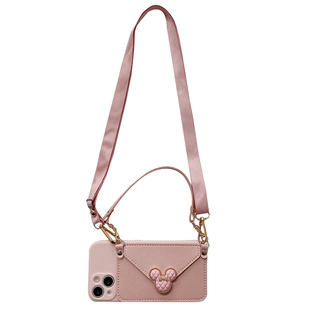 粉色小香风米妮零钱包适用苹果17promax手机壳14新款女iPhone16pro皮质15promax斜挎13背带12/11挂绳xs保护套