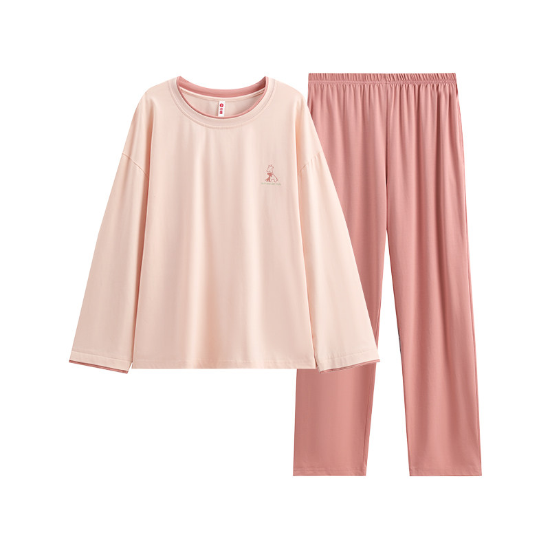 芬腾纯棉女士长袖睡衣春秋季全棉套头圆领休闲宽松秋季家居服套装