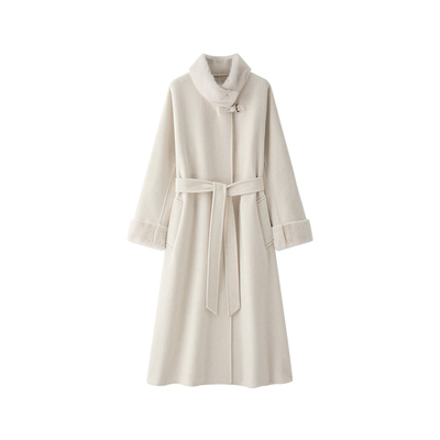 水貂毛领保暖长款系带羊绒大衣