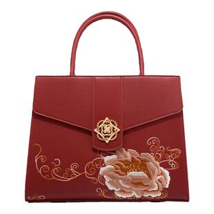 国风牡丹花刺绣包包女2026红色新娘包手提包高级感中年妈妈结婚包