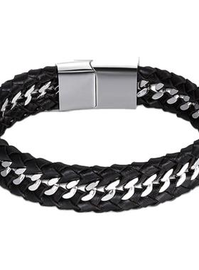 潮牌欧美男士霸气高街明克链条钛钢社会宽粗手环黑色真皮编织手链