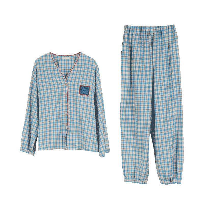 朵朵可可女棉麻格子睡衣家居服