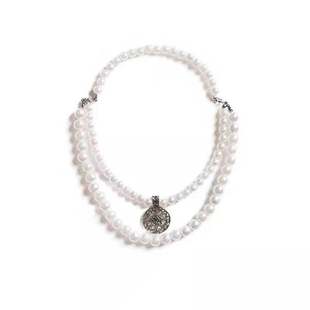 国潮正确版sk同款复古原创手工双层珍珠项链街头潮人嘻哈个性男女