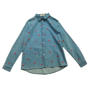 现货春夏法式小众纯棉牛仔小清新桃心爱心刺绣经典款直筒气质衬衫