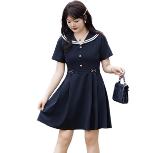 夏季新款大码女装减龄海军领显瘦胖MM连衣裙收腰A字遮肚子小黑裙
