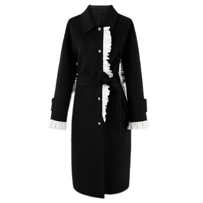 【双面呢】MISSCOCOON绵羊毛大衣白色缎面抽皱翻领毛呢外套