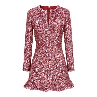 亮片粗花呢甜美花边收腰连衣裙