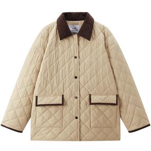 太平鸟宽松直筒菱格绗缝棉衣25领口袖口撞色卡其色棉服外套女