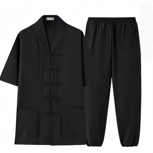 武当山太极八卦练功服短袖道袍道服晨练修禅打坐道观三清领居士服