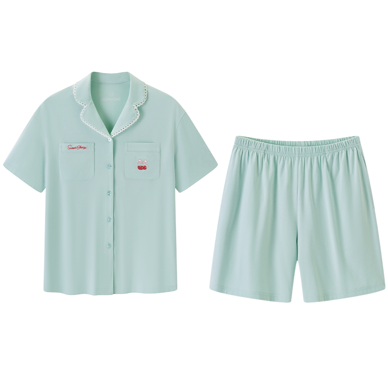 乐町樱桃睡衣夏女短袖衬衫领莱赛睡衣/家居服套装