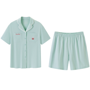 乐町樱桃睡衣夏女短袖衬衫领莱赛尔棉家居服套装无需胸垫防凸点
