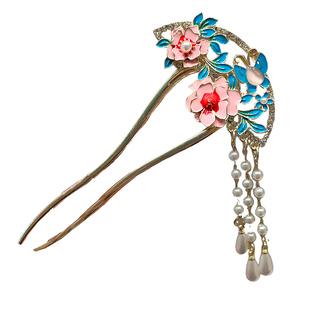 复古镂空花朵蝴蝶U型发簪女高端新中式珍珠流苏古风发钗簪子发饰