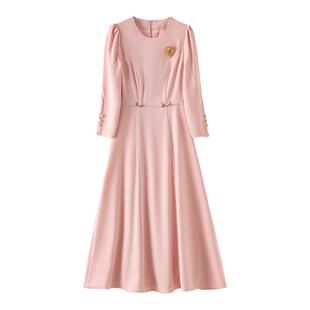 主持人粉色高品质显瘦收腰名媛气质高端连衣裙大摆七分袖雪纺橘色