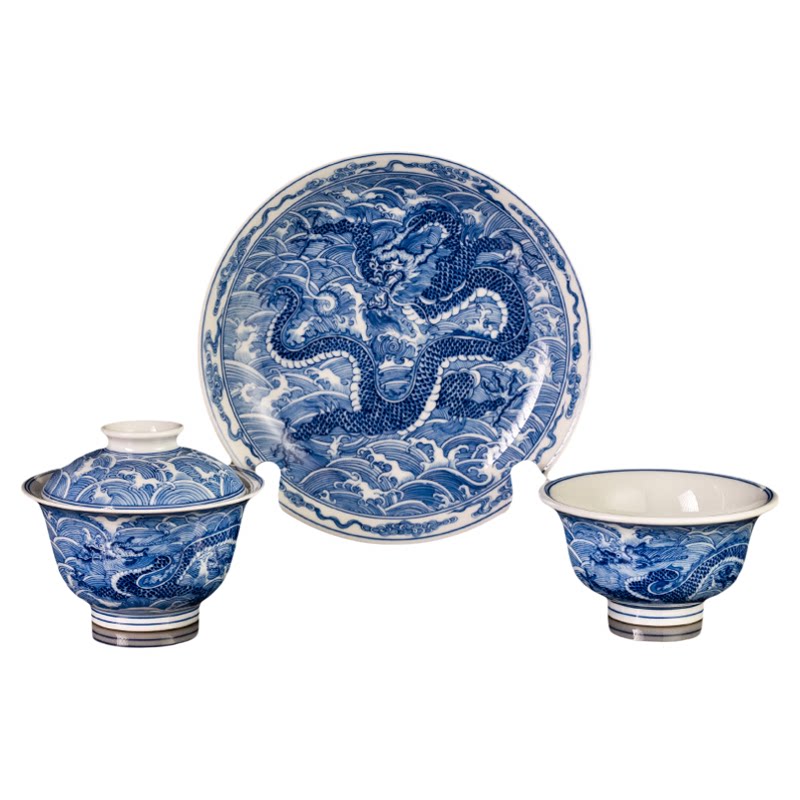 仿古青花仿清龙腾海水茶具套组