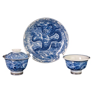 圣山景德镇仿清青花龙腾奔海海水龙纹盖碗茶杯套组陶瓷泡茶盖碗
