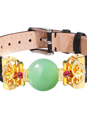 VISING珠宝天然非洲翠圆球龙珠手表腕带手链牛皮表带S925银