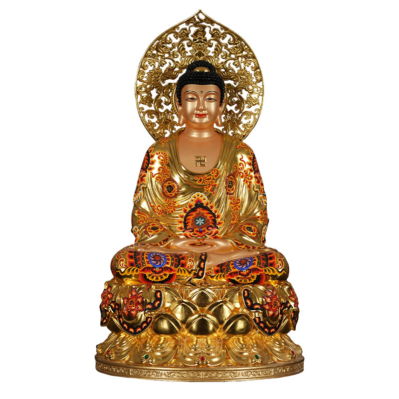 纯铜彩绘全堂佛家用供奉佛像摆件