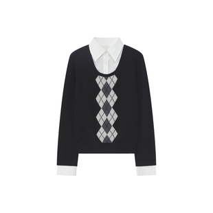 CycleDocument 复古费尔岛菱格纹假两件羊毛针织衫女修身叠穿毛衣