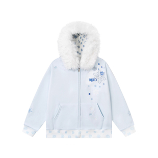 TXFU美式雪花手绣碎花内领拼接开衫连帽卫衣女秋冬新款拉链外套潮