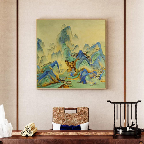 新中式千里江山图装饰画客厅玄关正方形挂画办公室风景国画茶室壁