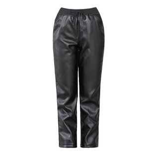 宽松直筒皮裤中年女士外穿冬季加厚加绒罗纹松紧腰春秋皮长裤艾贝