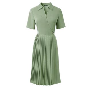 颜域翻领百褶连衣裙2026年夏季新款绿色衬衫裙中长款时尚气质显瘦