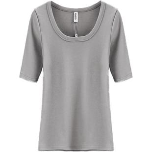 夏季短袖t恤女内搭短款低圆领u领纯白灰色打底衫中袖修身纯色上衣