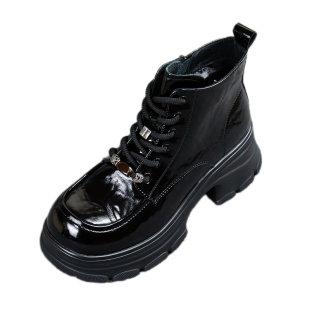 红依利女靴冬季新款加绒舒适保暖棉靴软底漆皮复古英伦风马丁短靴