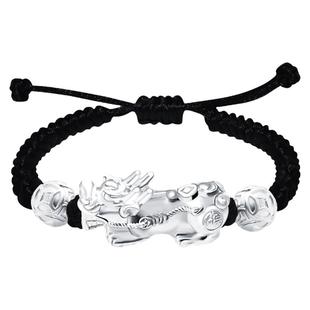 足纯银貔貅手链女红黑绳情侣本命马年银编织首饰品男刻字生日礼物