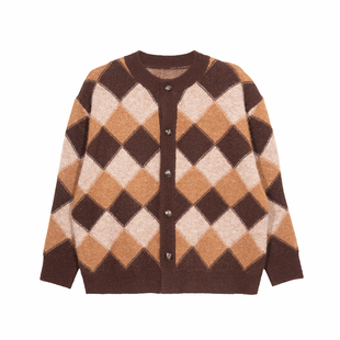 Holocene美式潮牌慵懒风撞色菱格开衫毛衣男秋超火菱形格子针织衫
