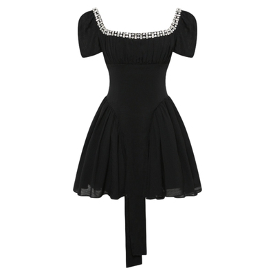 Maison Wester2025夏季新款黑色方领钻链蓬袖收腰连衣裙