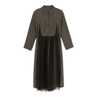 Unbleu秋季法式连衣裙女新款显瘦黑色网纱宽松休闲收腰格子衬衫裙