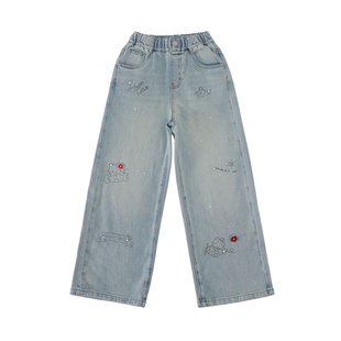女童春秋裤子2026新款kt猫烫钻爆闪牛仔裤中大儿童时尚亮钻阔腿裤