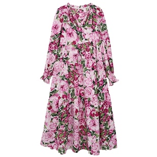 落落狷介 红色碎花秋季连衣裙小个子2025年新款长袖宽松V领长裙