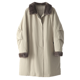 巴恩风鹅绒羽绒服女中长款2025冬季新款外套青根貂毛领皮草派克服