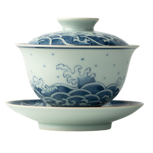 三勤堂景德镇陶瓷功夫茶具茶碗泡茶器青花海水纹手绘三才盖碗单个