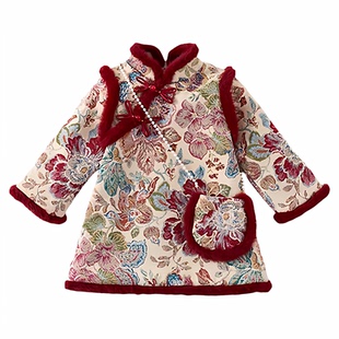 女童喜庆风拜年服红色冬装旗袍裙中国风唐装新年加绒过年汉服保暖