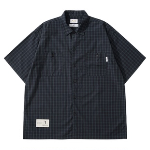 Batterup夏季新品日系复古cityboy藏青格子宽松休闲短袖衬衫男潮