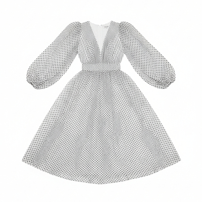 Bubble sleeve slim polka dot dress 泡泡袖V字领修身波点连衣裙