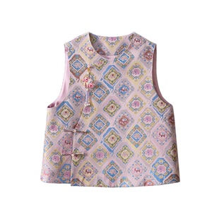 高定福象福相100%桑蚕丝非遗宋锦提花真丝马甲女斜襟无袖开衫外套