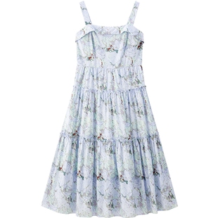 乐町碎花吊带方领连衣裙女装26春夏新品长款优雅裙摆分割收腰裙子