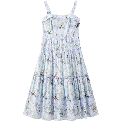 乐町碎花吊带方领连衣裙女装26春夏新品长款优雅裙摆分割收腰裙子