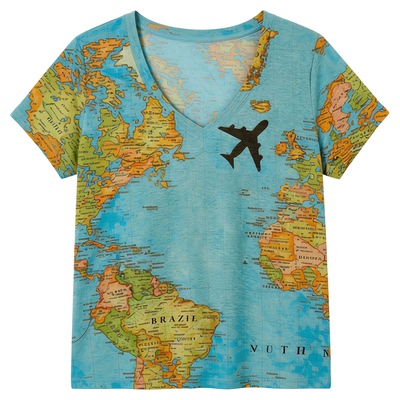 Printed V-Neck Casual Short Sleeves数码印花V领休闲宽松短袖女