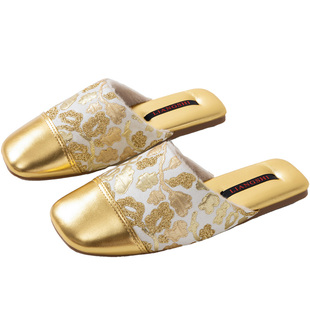 韩泰达轻奢璀璨精致小方头拼接中式毛毛拖复古保暖防滑防水棉拖鞋