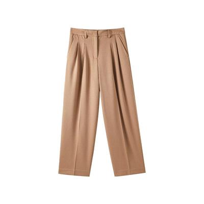 CHESONSE宽松人字纹骆驼绒直筒裤