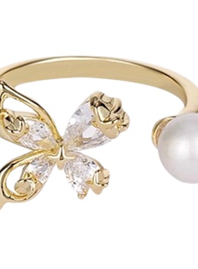 法式精致优雅珍珠蝴蝶开口戒指女士轻奢时尚高级感百搭食指戒手饰